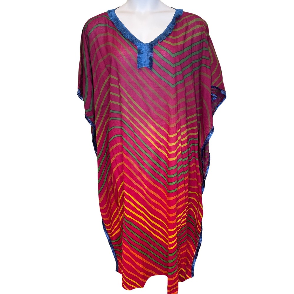 One By One Women‎ Pink Striped Caftan Maxi Dress OS Fringe Boho Coverup Festival